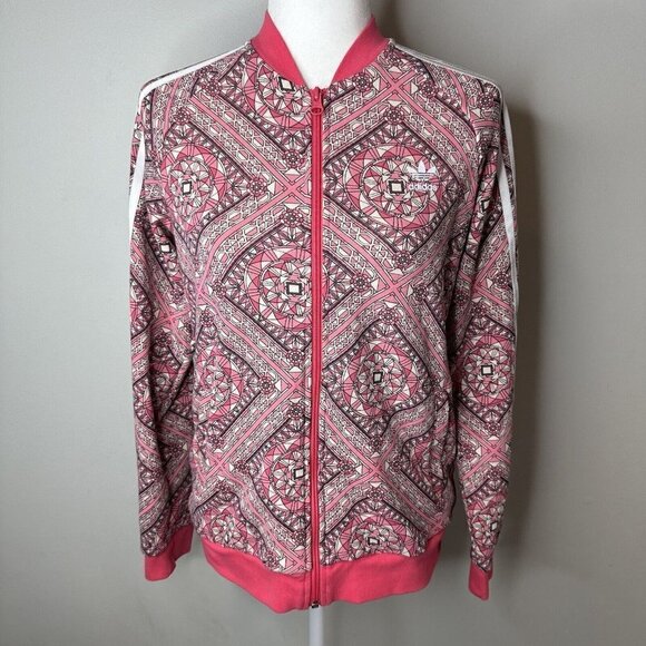 Adidas Originals Girls Pink Geometric Full Zip Pocket Track Jacket Size 13-14Y L - Picture 1 of 14